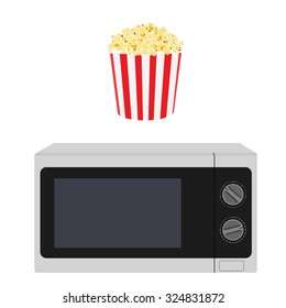 Microwave heater oven vector illustration. White microwave icon and striped carton box with popcorn. Kitchen equipment.