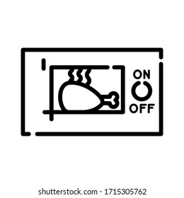 Microwave icon with cooked chicken inside. On off button. Outline quick cooking related icon, isolated on white background. Vector illustration.