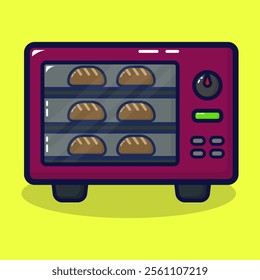 Microwave icon. Electric machine equipment for cooking concept with bread baking in the oven. Lineal color style isolated on premium design. Flat cartoon vector illustration. 