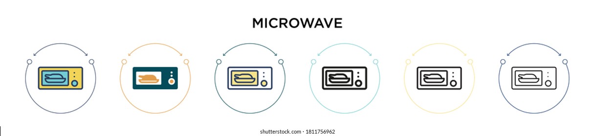 Icono de microondas en estilo relleno, delgado, contorno y trazo. Ilustración vectorial de dos diseños de vectores de microondas de color y negro se pueden utilizar para móviles, ui, web