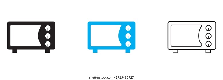Ícone Micro-ondas. Ilustração de vetor mínima mostrando três ícones de torradeira em estilos diferentes, adequado para conceitos de aparelhos de cozinha, design de interface do usuário e gráficos domésticos.