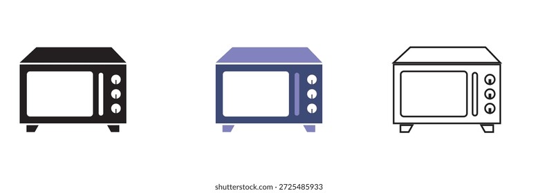 Ícone Micro-ondas. Ilustração de vetor mínima mostrando três ícones de torradeira em estilos diferentes, adequado para conceitos de aparelhos de cozinha, design de interface do usuário e gráficos domésticos.