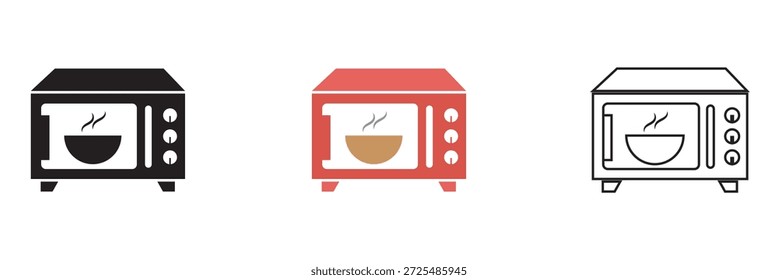 Ícone Micro-ondas. Ilustração de vetor mínima mostrando três ícones de torradeira em estilos diferentes, adequado para conceitos de aparelhos de cozinha, design de interface do usuário e gráficos domésticos.