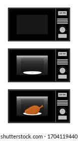 Microwave icon. In tree states. Blank off, on and with chicken. Kitchen equipment. Cooking concept. Vector illustration