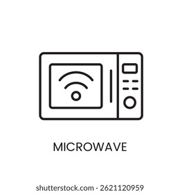Ícone de micro-ondas com sinal sem fio, representando aparelho de aquecimento inteligente, adequado para marcas de cozinha moderna e visuais técnicos. Ícone de linha no vetor com traçado editável.