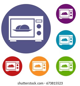 Microwave icons set in flat circle reb, blue and green color for web