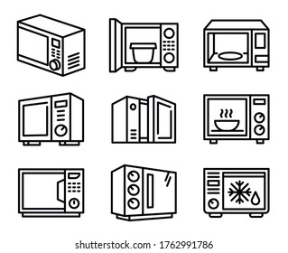 Iconos de microondas establecidos. Conjunto de esquemas de iconos vectoriales de microondas para diseño web aislado en fondo blanco