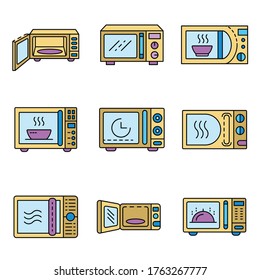 Microwave icons set. Outline set of microwave vector icons thin line color flat isolated on white