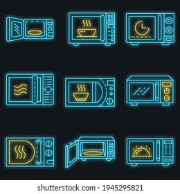 Microwave icons set. Outline set of microwave vector icons neon color on black