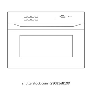 Microondas aisladas en fondo blanco. Vista frontal del acero inoxidable sobre el horno microondas de alcance. Cocina doméstica y aparatos domésticos. Innovación doméstica, vector, contorno.