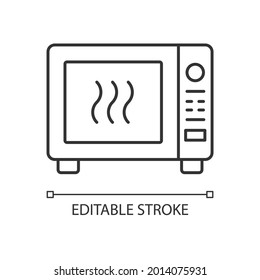 Microwave linear icon. Oven to heat ready made meals. Roasting dinner in stove. Thin line customizable illustration. Contour symbol. Vector isolated outline drawing. Editable stroke