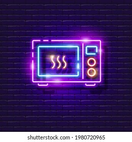 Microwave neon sign. Vector illustration for design. Fast cooking concept. Glowing icon of household appliances for the kitchen.
