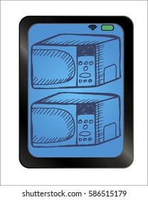 Microwave on background plate. Free hand drawn. Vector illustration.