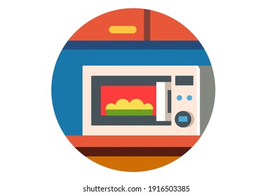 Microwave on a table in kitchen with food being cooked inside flat vector illustration isolated on whte background.