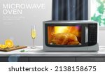 Microwave oven ad. 3D Illustration of microwave oven cooking a whole turkey, with oranges on cutting board and glass of champagne flute placed on kitchen countertop