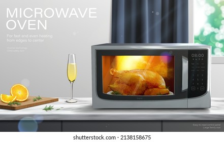 Microwave oven ad. 3D Illustration of microwave oven cooking a whole turkey, with oranges on cutting board and glass of champagne flute placed on kitchen countertop