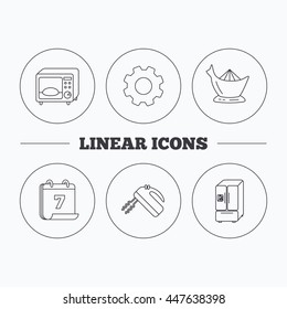 Microwave oven, American style fridge and blender icons. Juicer linear sign. Flat cogwheel and calendar symbols. Linear icons in circle buttons. Vector