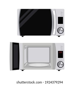 Microwave oven in cartoon style flat on white isolated background. A set of gray microwave ovens, with an open door for cooking and heating food.