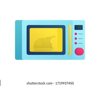 Microwave oven with chicken inside icon. Modern kitchenware and household equipment symbol. Electric roaster device vector illustration in flat style. Food cooking and delicious cuisine at home.