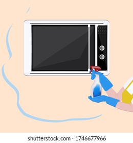 Microwave oven - cleaning spray in female hands - vector. Household. Appliances. Disinfection