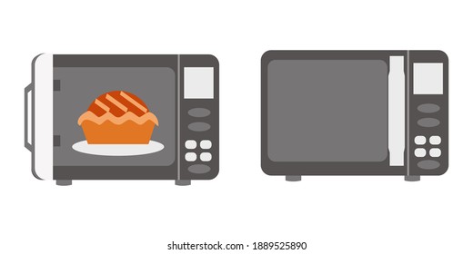Microwave oven with closed door and microwave oven with pie Flat vector illustration