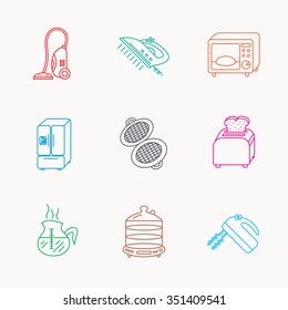 Microwave oven, coffee and blender icons. Refrigerator fridge, steamer and toaster linear signs. Vacuum cleaner, ironing and waffle-iron icons. Linear colored icons.