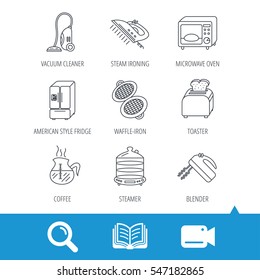 Microwave oven, coffee and blender icons. Refrigerator fridge, steamer and toaster linear signs. Vacuum cleaner, ironing and waffle-iron icons. Video cam, book and magnifier search icons. Vector
