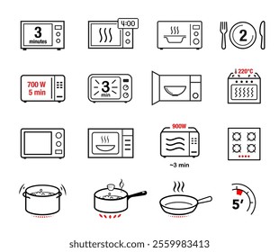 Microwave oven and cooking icons set. Vector illustration white background ready for your design. Perfect for cooking and preparation instructions. EPS10.