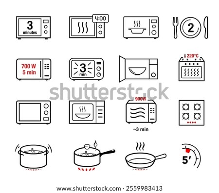 Microwave oven and cooking icons set. Vector illustration white background ready for your design. Perfect for cooking and preparation instructions. EPS10.