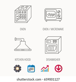 Microwave oven, dishwasher and kitchen hood icons. Oven linear sign. Calendar, Graph chart and Cogwheel signs. Download colored web icon. Vector
