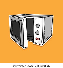 Mikrowellenofen mit geöffneter Tür, isoliert in einer orangefarbenen Hintergrund-Vektorillustration. Offene Mikrowelle mit leerem Raum im Inneren, Vektorgrafik mit Frontansicht. Elektroofen-Illustration. Küchengerät