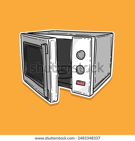 Microwave oven with the door open isolated in an orange background vector illustration design. Open microwave with empty space inside, front view vector. Electric oven illustration. Kitchen appliance