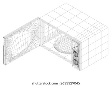 Um forno de micro-ondas com uma porta aberta e uma placa branca no interior. Vista isométrica. 3D