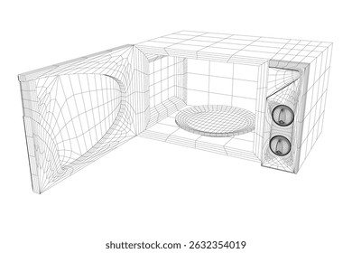 Um forno de micro-ondas com um ventilador dentro. O micro-ondas está aberto e o ventilador está visível. A imagem está em preto e branco