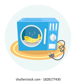 Horno de microondas con el pescado dentro. Ilustración vectorial aislada de electrodomésticos de cocina. Estilo de caricatura.