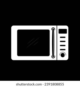 Microwave oven flat silhouette vector isolated on black background. Electric kitchen utensil silhouette icon. Black and white icon for web, tag, label. Kitchen gadget, appliance, device. Kitchenwares