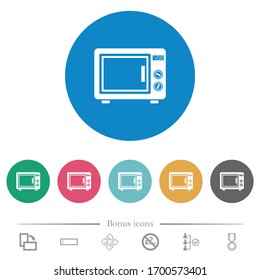 Microwave oven flat white icons on round color backgrounds. 6 bonus icons included.