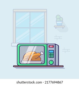 Microwave oven with food inside kitchen set illustration vector isolated flat design