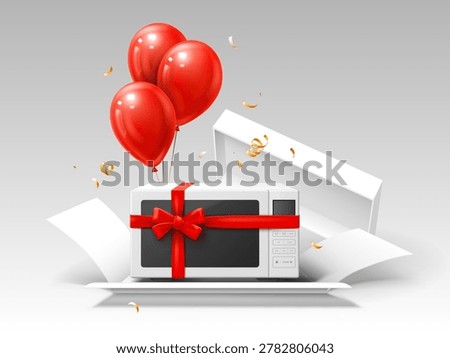 Microwave oven gift. Realistic gift box present red ribbon bow, open wrapping surprise kitchen electric home appliance store sale discount offer isolated garish vector illustration