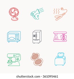 Microwave oven, hair dryer and blender icons. Refrigerator fridge, coffee maker and toaster linear signs. Ventilator, curling iron and waffle-iron icons. Linear colored icons.