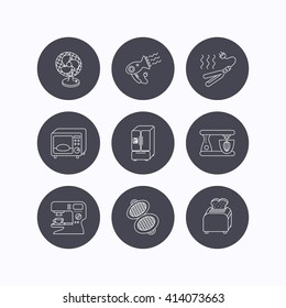 Microwave oven, hair dryer and blender icons. Refrigerator fridge, coffee maker and toaster linear signs. Ventilator, curling iron and waffle-iron icons. Flat icons in circle buttons. Vector