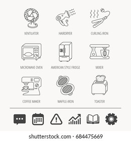 Microwave oven, hair dryer and blender icons. Refrigerator fridge, coffee maker and toaster linear signs. Ventilator, curling iron and waffle-iron icons. Education book, Graph chart and Chat signs