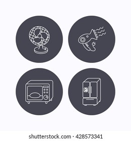 Microwave oven, hair dryer and ventilator icons. American style refrigerator linear sign. Flat icons in circle buttons on white background. Vector