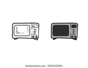 Microwave oven for heating food in black isolated on white background. HAnd drawn vector sketch illustration in doodle engraved vintage line art style. Kitchen equipment, cooking, food, coloring book