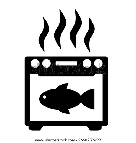 Microwave oven icon heating fish or seafood item symbol vector illsutration for kitchen guide book or digital usage. Stove or oven icon simple black colour