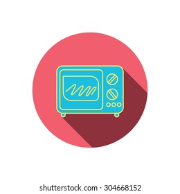 Microwave oven icon. Kitchen appliance sign. Red flat circle button. Linear icon with shadow. Vector