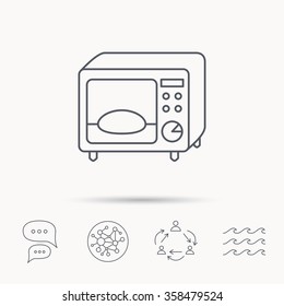 Microwave oven icon. Kitchen appliance sign. Global connect network, ocean wave and chat dialog icons. Teamwork symbol.