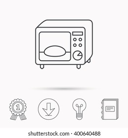 Microwave oven icon. Kitchen appliance sign. Download arrow, lamp, learn book and award medal icons.