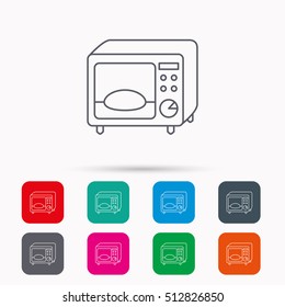 Microwave oven icon. Kitchen appliance sign. Linear icons in squares on white background. Flat web symbols. Vector