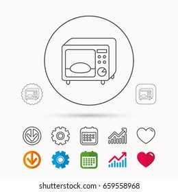 Microwave oven icon. Kitchen appliance sign. Calendar, Graph chart and Cogwheel signs. Download and Heart love linear web icons. Vector